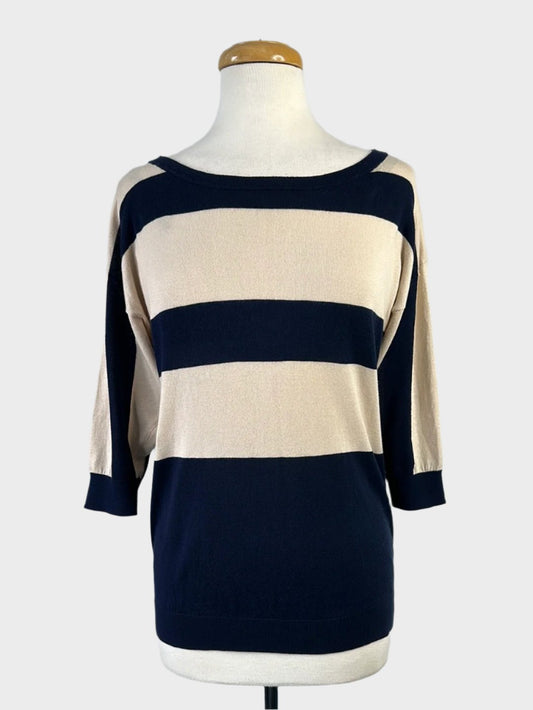 Sportscraft knit top with navy and beige striped panels, bateau neck, three quarter sleeves for smart casual wear.