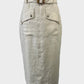 Witchery safari style straight skirt in beige linen with wide waistband, bamboo buckle, flap pockets, and back vent for office wear.