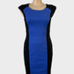 Designer Anna Thomas sleeveless shift dress in blue and black jersey with contour panels, scoop neck, and straight skirt for office or special events.