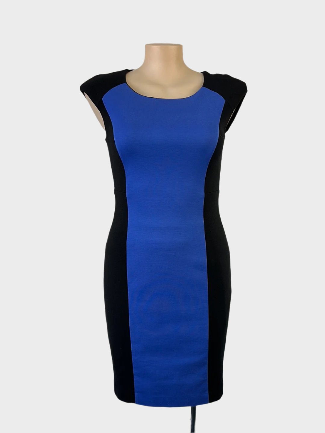 Designer Anna Thomas sleeveless shift dress in blue and black jersey with contour panels, scoop neck, and straight skirt for office or special events.