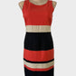 Queenspark sleeveless shift dress in orange and navy striped panels with bateau neck and skirt with back vent for office or smart casual wear.