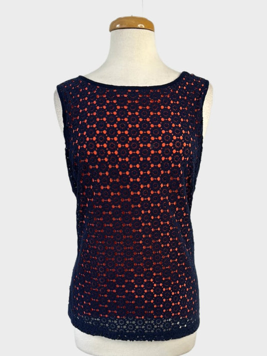 Marcs sleeveless tank top in blue and coral jersey with guipure lace front panel and bateau neck for office or smart casual wear.