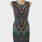 Sleeveless shift dress in jersey with a multicoloured geometric print, featuring a keyhole neck for office or smart casual wear.