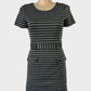 Jigsaw A-line dress in jersey with grey and black stripes, round neck, short sleeves, epaulettes, tab belt waistband, and straight skirt with flap pockets for office wear.