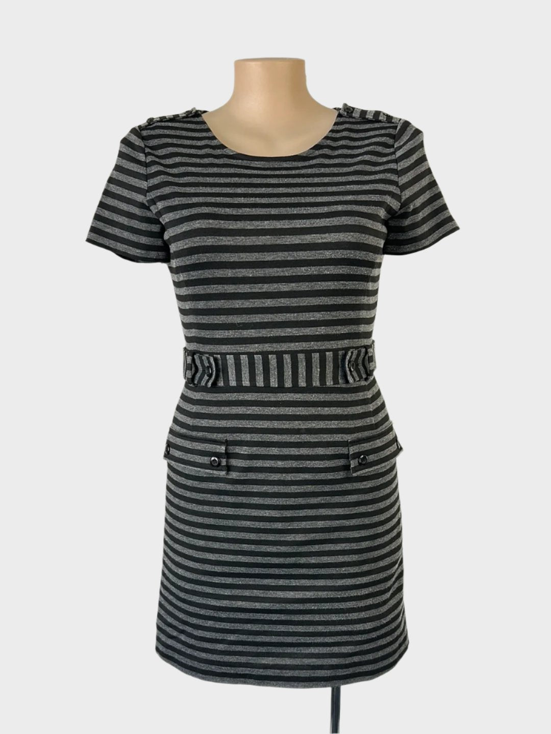 Jigsaw A-line dress in jersey with grey and black stripes, round neck, short sleeves, epaulettes, tab belt waistband, and straight skirt with flap pockets for office wear.