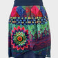 Designer Desigual pleated tulip skirt in multicolored sheer chiffon with Arabesque print and floral appliqué for smart casual or resort wear.