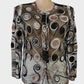 Single-breasted cardigan jacket in sheer mesh with black, copper, and silver cornelli ribbon, button-up front, and long sleeves for evening wear.