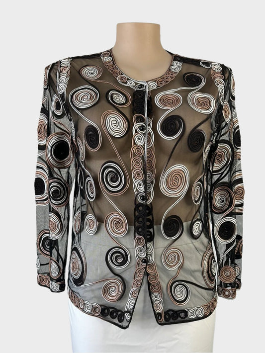 Single-breasted cardigan jacket in sheer mesh with black, copper, and silver cornelli ribbon, button-up front, and long sleeves for evening wear.