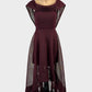 Pilgrim sleeveless A-line gown in dark plum sheer mesh with bateau neck, shawl collar, and high-low circle skirt for evening or formal wear.