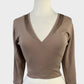 M&S ballet top in light brown cotton jersey with sequin trim, wrap front, tie-back sash, and three-quarter sleeves for smart casual or evening wear.