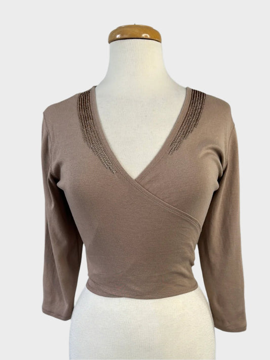 M&S ballet top in light brown cotton jersey with sequin trim, wrap front, tie-back sash, and three-quarter sleeves for smart casual or evening wear.