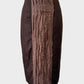 Designer Angela Lewis vintage 90s straight skirt in brown linen with pleated centre panel, contour waist, and back vent for office wear.