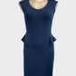 Designer Armani navy blue sheath dress in textured wool jersey with raised seams, v-neck, half peplum waist, and straight skirt for office wear.