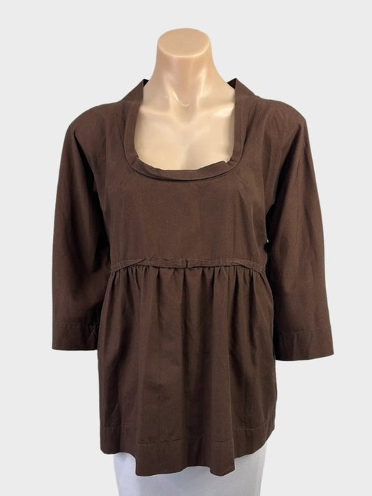 Designer Lee Matthews smock top in dark brown cotton with empire waist, scoop neck, band collar and elbow-length sleeves for smart casual or office wear.