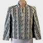 Designer Carla Zampatti capelet jacket in monochrome abstract stripe with open front, mandarin collar and cape back for office wear.
