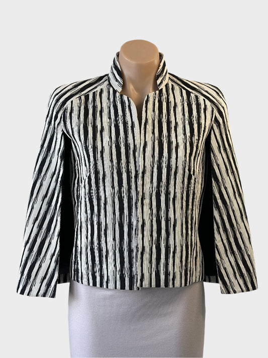 Designer Carla Zampatti capelet jacket in monochrome abstract stripe with open front, mandarin collar and cape back for office wear.