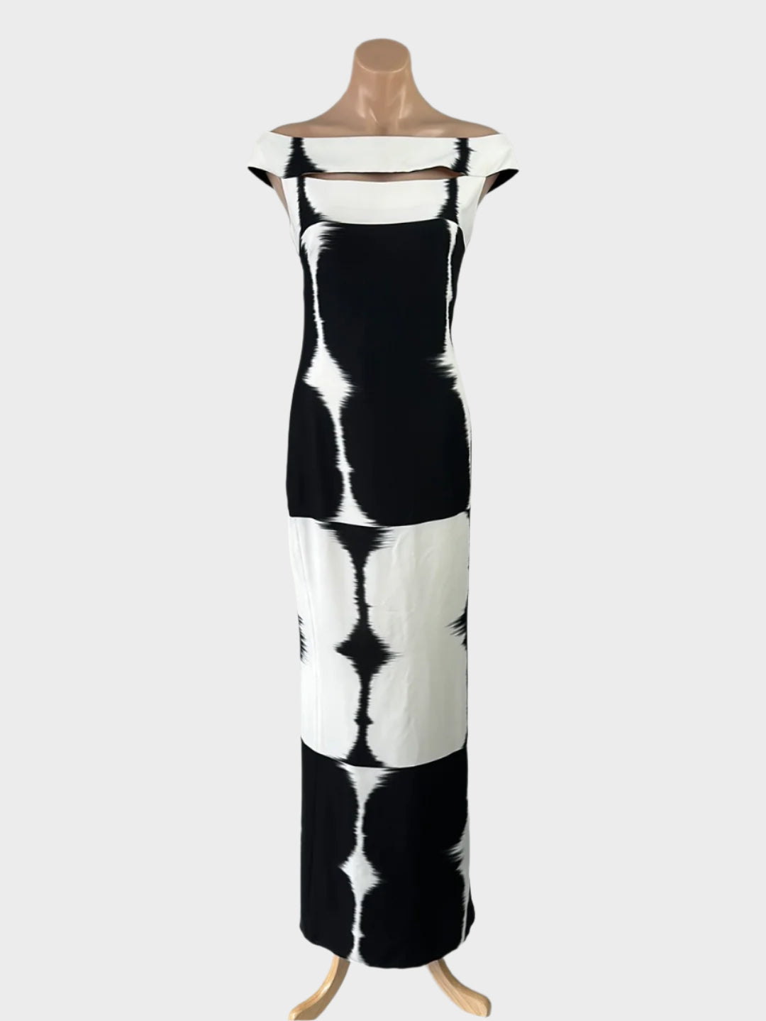 Designer Carla Zampatti sleeveless column gown with retro modernist print, cut-out neck, and straight skirt for formal or special events.