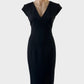 Designer Carla Zampatti classic shift dress in black pure wool crepe, featuring cap sleeves, v-neck, and straight skirt with back vent for office or evening occasions.