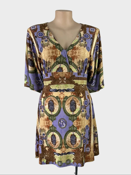 Designer Charlie Brown A-line dress in jersey with ornate Baroque print, v-neck, dolman sleeves, and flared skirt for smart casual or office wear.