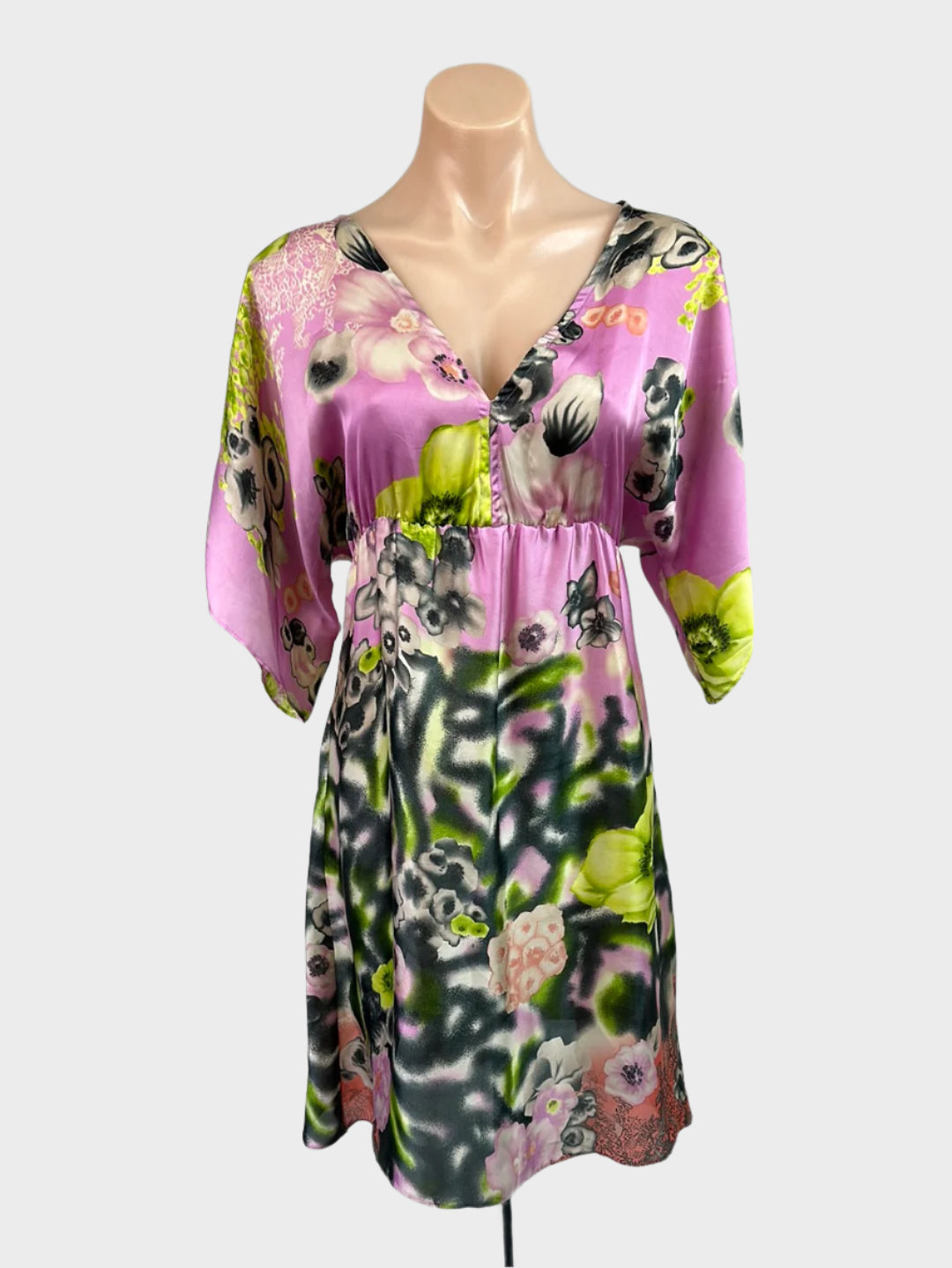 Designer Charlie Brown pink and grey empire waist dress with floral print, v-neck, dolman sleeves, and elasticated waist for smart casual wear.