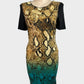 Australian designer Charlie Brown shift dress in black and brown jersey with snakeskin print, bateau neck, and contrasting back for smart casual wear.