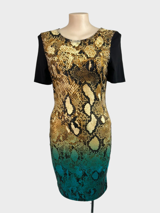 Australian designer Charlie Brown shift dress in black and brown jersey with snakeskin print, bateau neck, and contrasting back for smart casual wear.