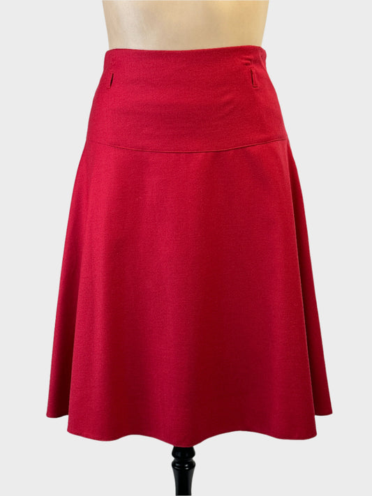 Designer Laura Ashley red wool blend flared skirt with yoke waist and belt loops for office or smart casual wear.