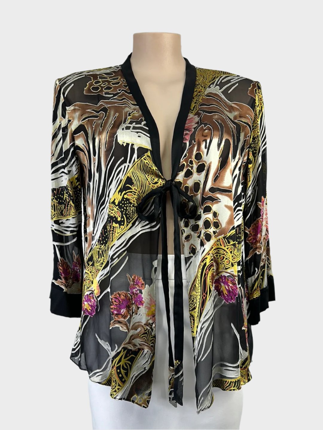 Anthea Crawford designer tie-front jacket in silk blend, black, copper, and gold, with floral and animal satin appliqué for evening wear.