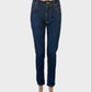 Designer Nudie classic straight leg jeans in blue denim with leather jacron, embroidered pockets, and mid rise waist for smart casual wear.
