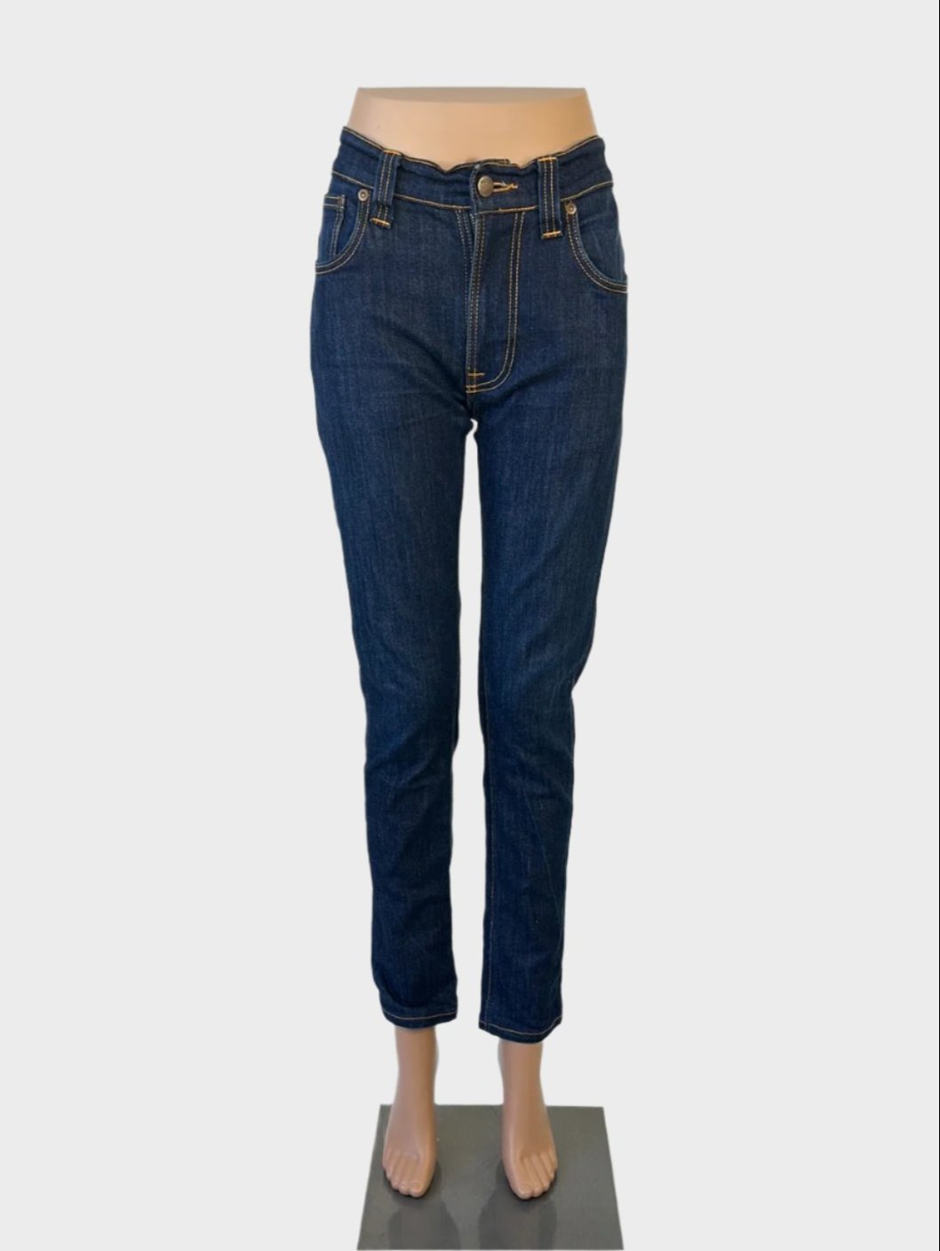 Designer Nudie classic straight leg jeans in blue denim with leather jacron, embroidered pockets, and mid rise waist for smart casual wear.