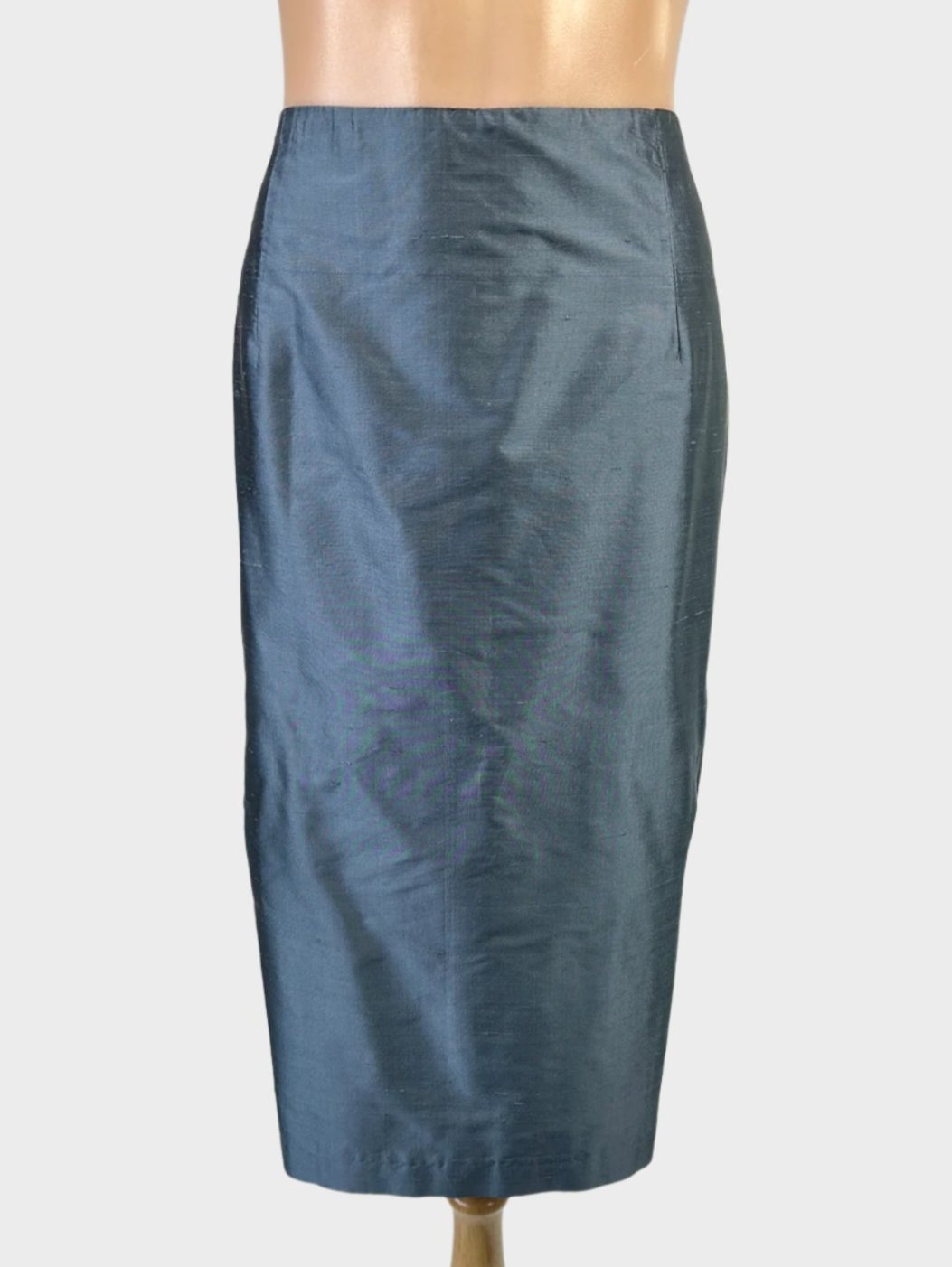 Vintage 90's straight skirt in steel grey silk shantung with a contour waist and back vent for evening or formal wear.