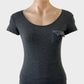 Designer EMPORIO ARMANI top in grey variegated jersey with rib trim, scoop neck, cap sleeves, and patch pocket with grosgrain ribbon and bow for smart casual or office wear.