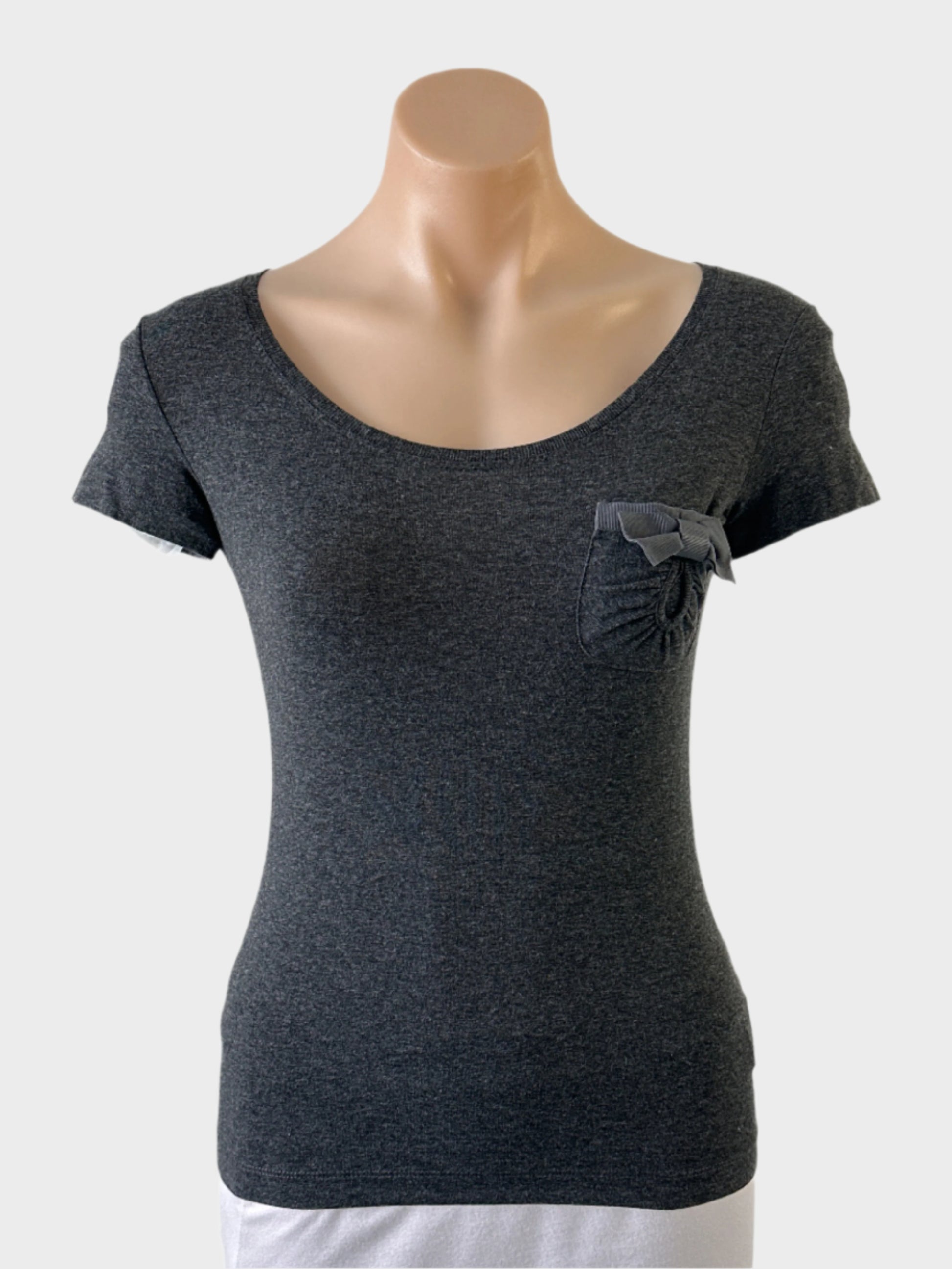 Designer EMPORIO ARMANI top in grey variegated jersey with rib trim, scoop neck, cap sleeves, and patch pocket with grosgrain ribbon and bow for smart casual or office wear.