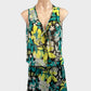 Designer Elisabetta Franchi green and black sleeveless drop waist dress in sheer crepe with floral print, keyhole neck, and shirred hip band for smart casual wear.