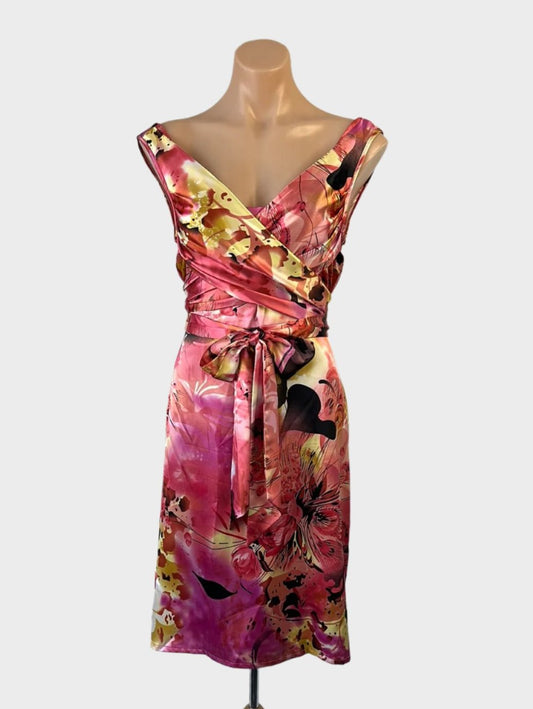 Events sleeveless A-line dress in satin with bright floral print, surplice neck, criss-cross sash, and flared skirt for special events.