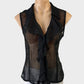 Events vintage 90s black sleeveless shirt in sheer crinkle weave with notched lapels and ruffle front for evening wear.