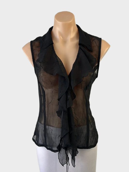 Events vintage 90s black sleeveless shirt in sheer crinkle weave with notched lapels and ruffle front for evening wear.