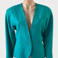 Fletcher Jones vintage 80's single-breasted cardigan jacket in teal slub weave, featuring one button closure and welt breast pocket for office or special events.