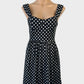 Forever New dress with black & white  polka dot print, corset-style top, sweetheart neck, and gathered skirt with pockets for smart casual wear.