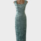 Geoff Bade vintage skirt and top set in blue satin jacquard, featuring sleeveless top with square neck and U-shaped back, straight skirt with contour waist and back vent for special events or formal wear.