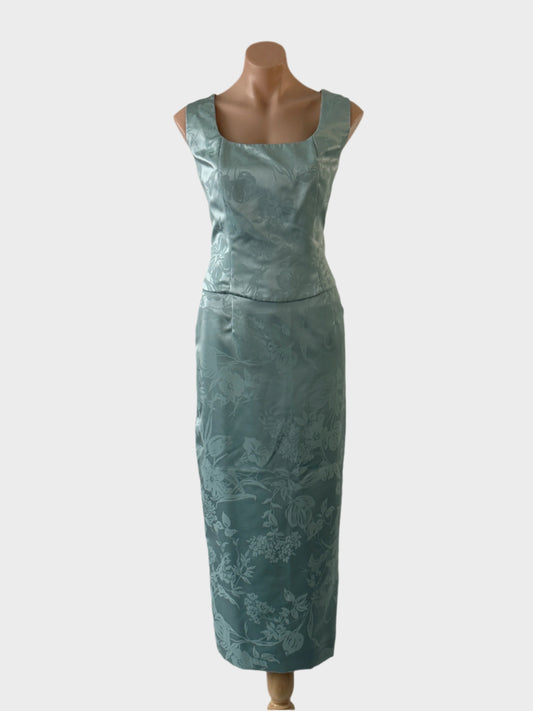 Geoff Bade vintage skirt and top set in blue satin jacquard, featuring sleeveless top with square neck and U-shaped back, straight skirt with contour waist and back vent for special events or formal wear.