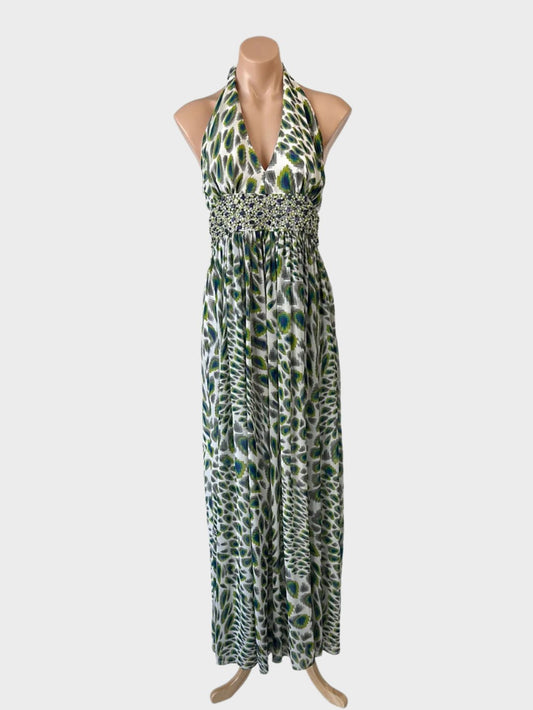 George halter neck gown in sheer crepe with pixelated print, sequined waistband, and full gathered skirt for formal wear.