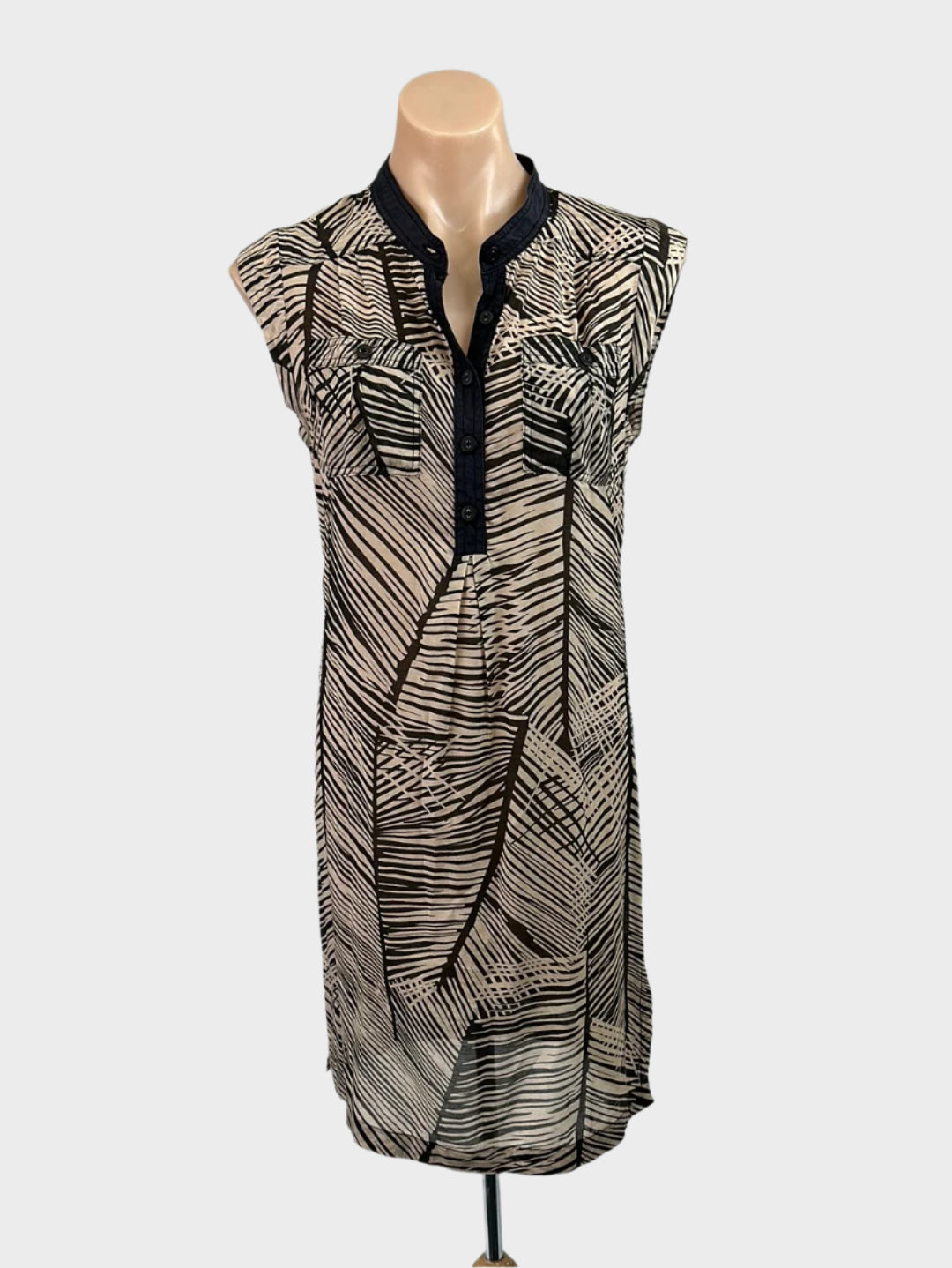 Designer Ginger & Smart brown sleeveless shirt dress in silk cotton blend with botanical print, band collar, and pleated yoke back for office or smart casual wear.