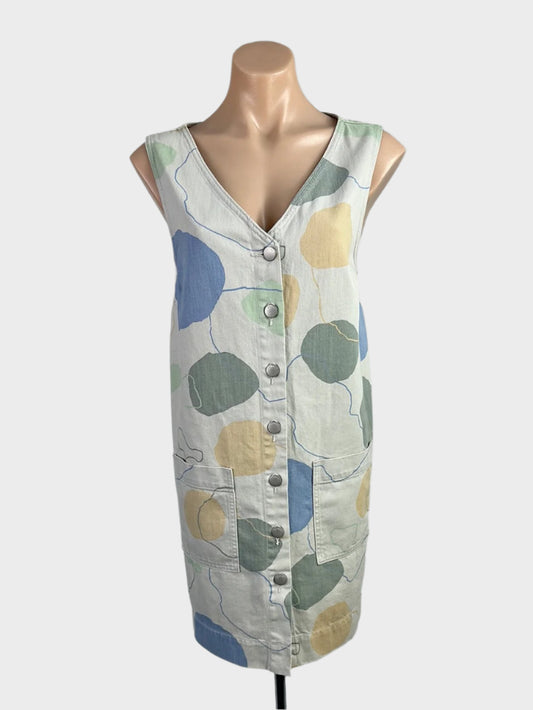 Designer Gorman sleeveless shirt dress in organic cotton twill with dot print, v-neck, and patch pockets for smart casual wear.