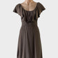 Gorman sleeveless blouson dress in brown pure silk with sateen finish, featuring U-shaped neck and back with ruffle trim, elasticated waist, and gently flared skirt for smart casual or office wear.