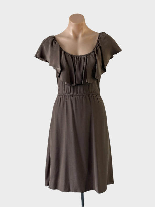 Gorman sleeveless blouson dress in brown pure silk with sateen finish, featuring U-shaped neck and back with ruffle trim, elasticated waist, and gently flared skirt for smart casual or office wear.