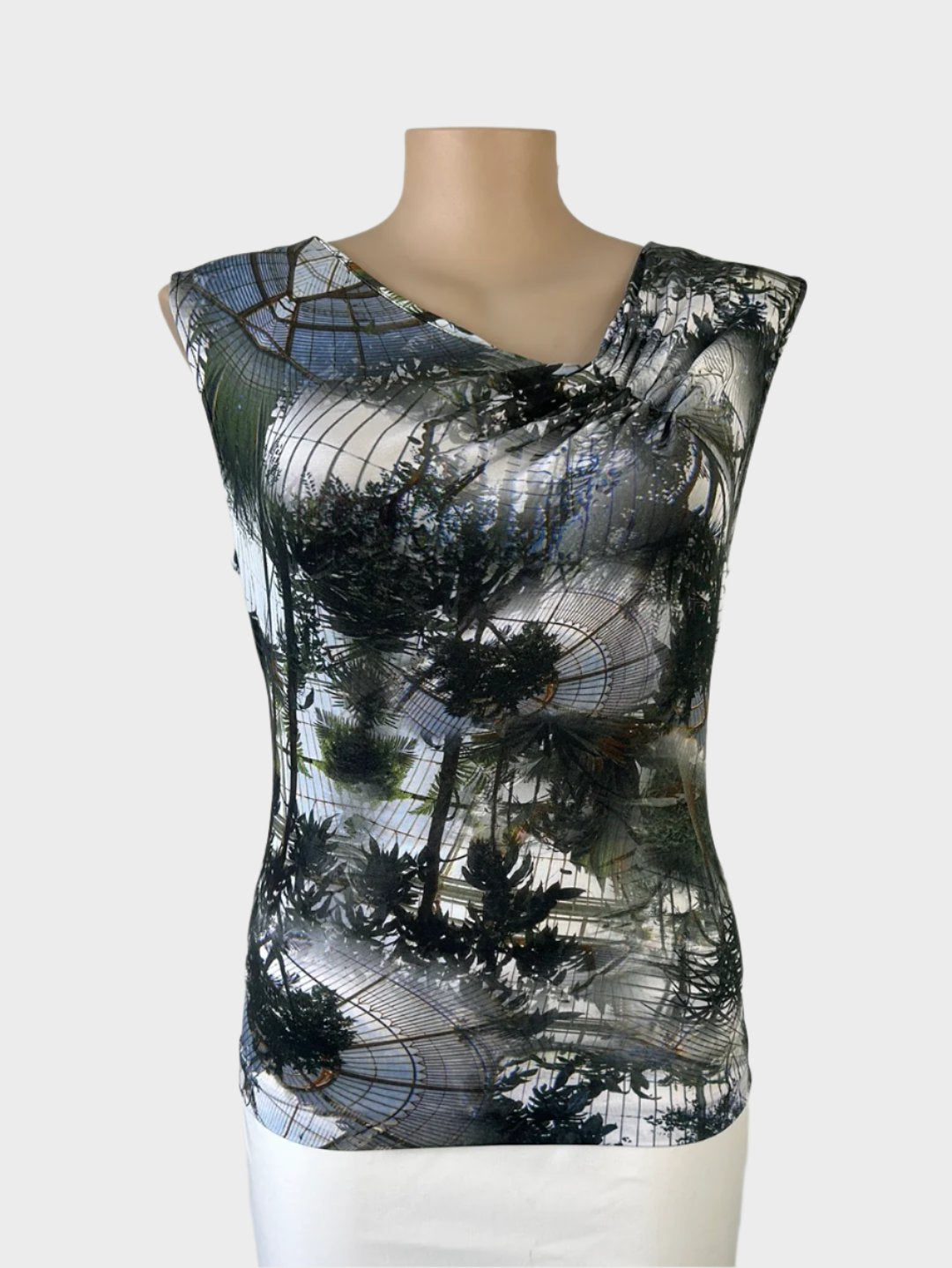 Designer Escada sleeveless jersey top with green and grey Victorian greenhouse print and asymmetric v-neck for office or smart casual wear.