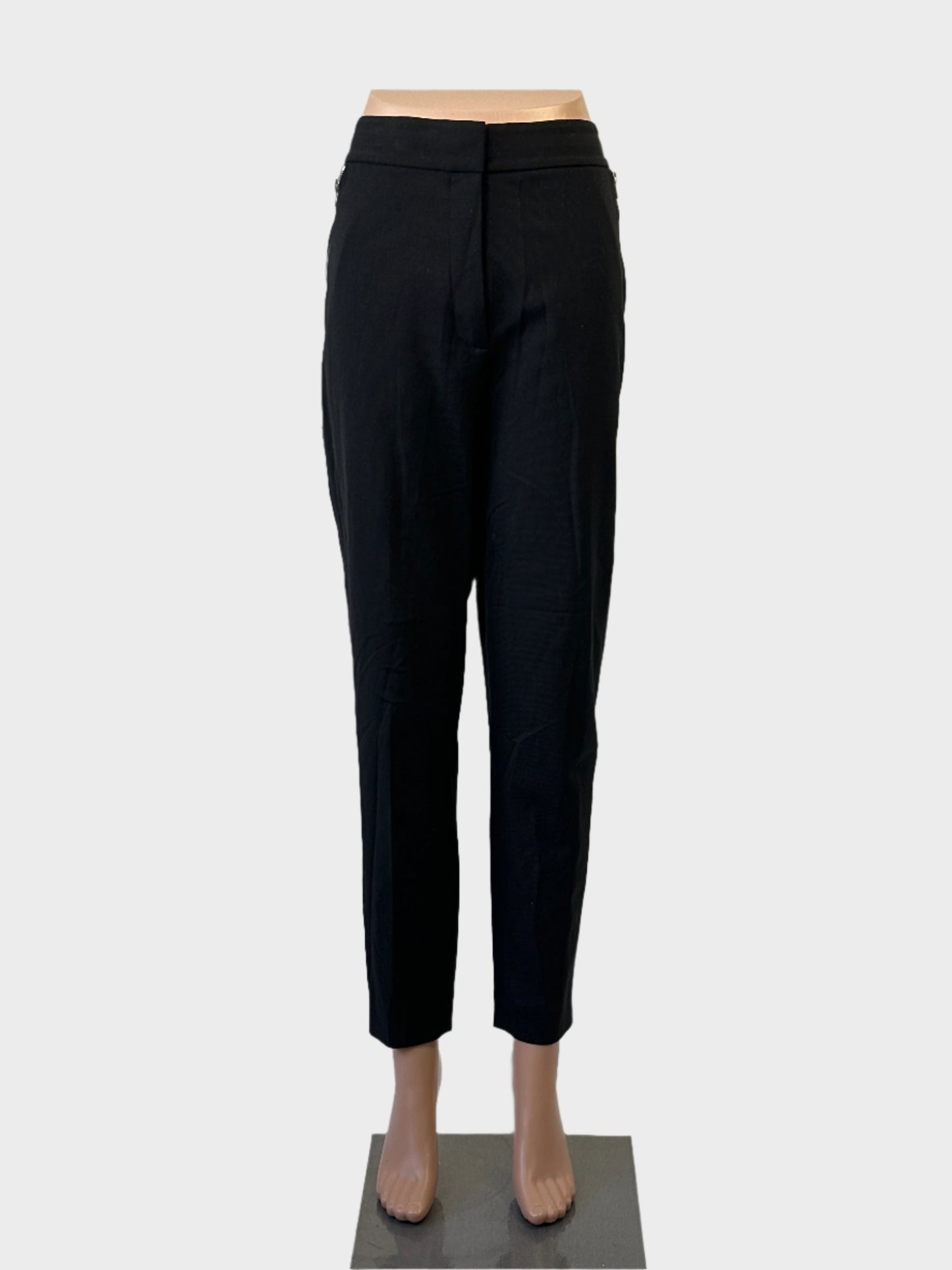Designer Alexander Wang black twill tapered leg pants with zip and jetted pockets for office wear.