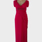 Queenspark asymmetric gown in pink sheer mesh with surplice neck, diamante trim and draped skirt for formal wear.