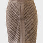 KOOKAI retro 70's style straight skirt in fawn sheer macramé with chevron pattern, featuring contrasting centre panel and waistband for special events.